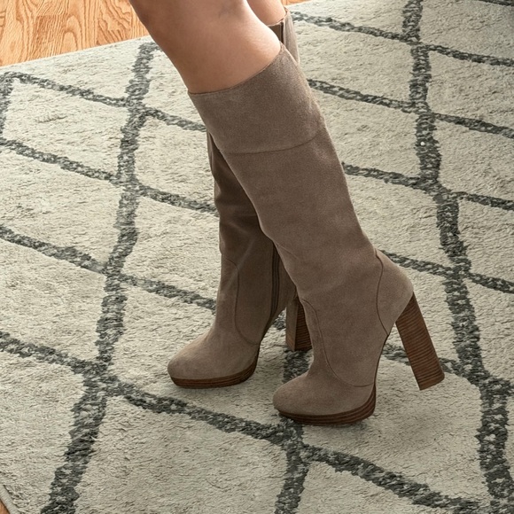 BCBGMaxAzria Taupe Suede Knee-High Platform Block Heel Boots - Picture 8 of 9